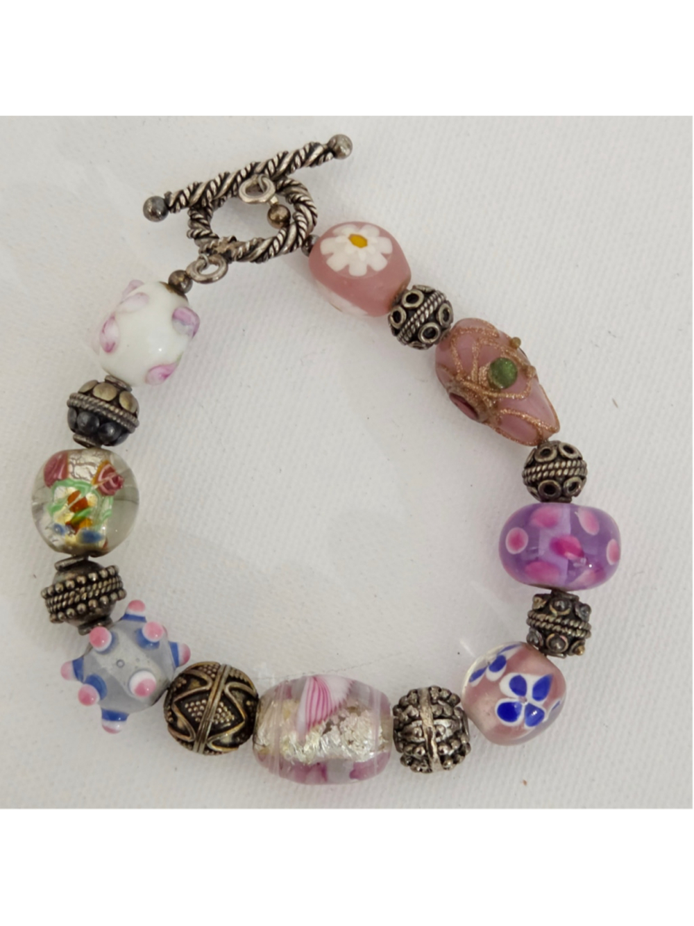Sterling Silver Multi-color Glass Bead Toggle Bracelet One Size